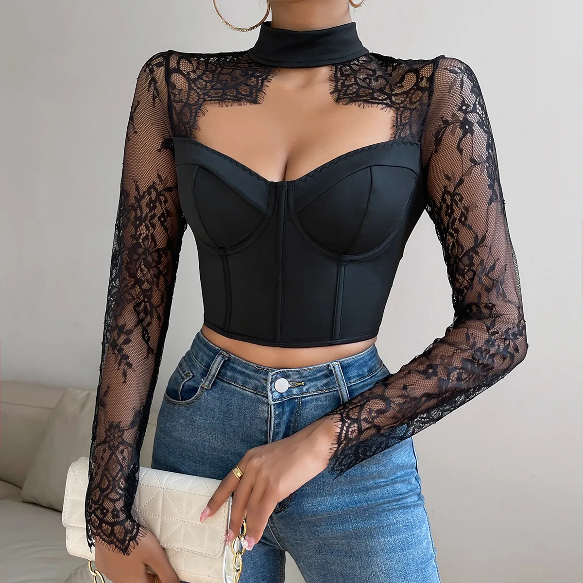 Lace Mesh Long Sleeve Crop Tops for Women Solid Hollow Out Slim Fit Tank Top O-Neck Corset Sexy Bustier Autumn Fashion Pullover