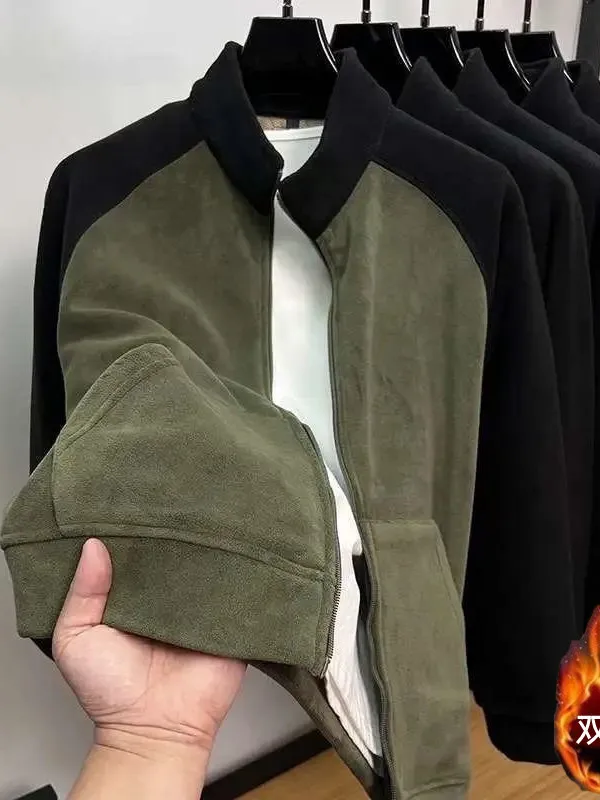 Thickened Fleece Jacket Autumn Winter Stand Collar Splicing Style Warm Inner Coat Fleece Outerwear for Climbing And Camping