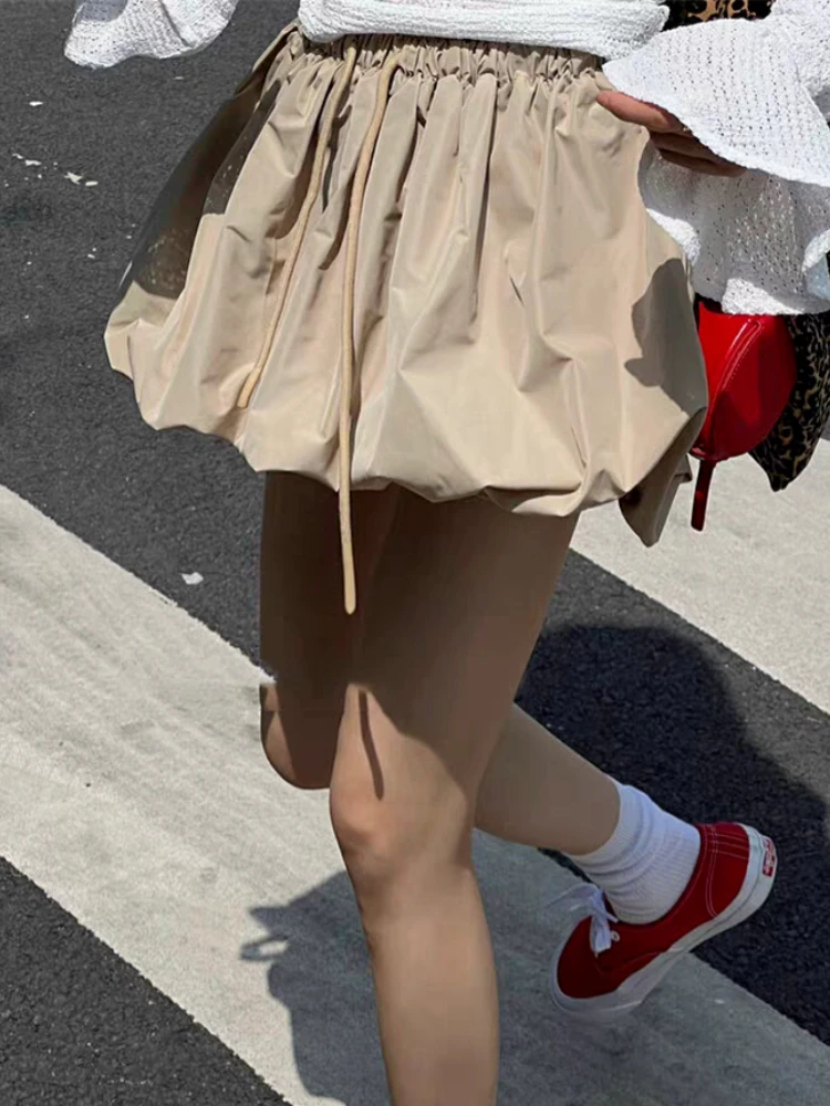 DEEPTOWN  Korean Vintage Mini Balloon Skirt Women Summer Streetwear Fashion High Waist A-line Cute Sexy Pleated Bubble Skirt