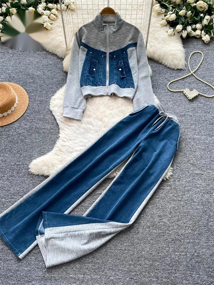 Retro Denim Splice Sets Full Sleeves Zipper Sweatshirt+Drawstring Elastic Loose Trousers Autumn Trendy Edgy 2Pcs Sets