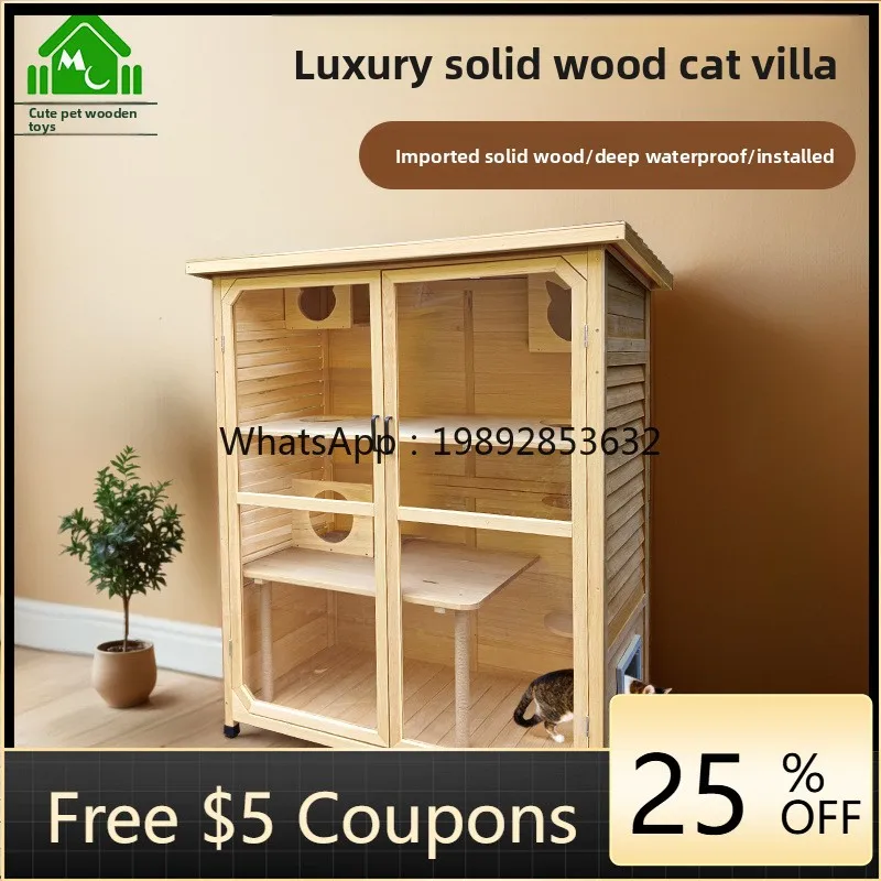 

LYY Solid Wood Cat Villa Luxury Large Household Moisture-Proof Cat House Indoor and Outdoor Cat Cage