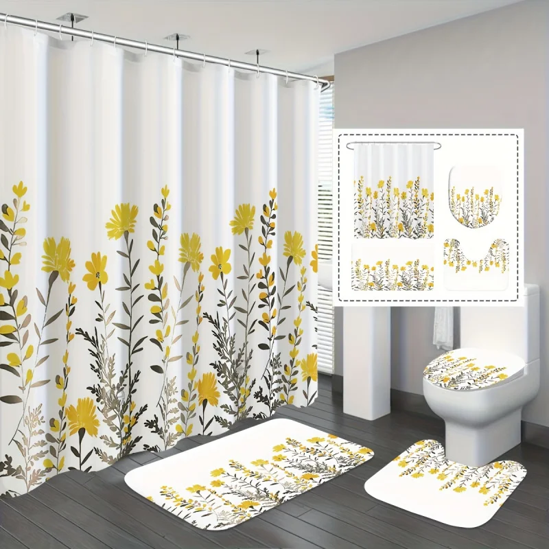 Fresh Yellow Floral Pattern Polyester Shower Curtain Set with Bath Mats, U-Shaped Rug, Toilet Lid Cover, Water-Resistant with 12