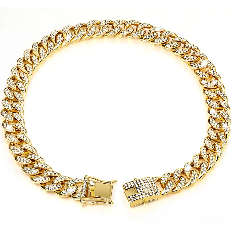 Gold Dog Chain Diamond Cuban Collar Walking Metal Chain Collar Pet Cuban Collar Jewelry Accessories for Dogs Cats