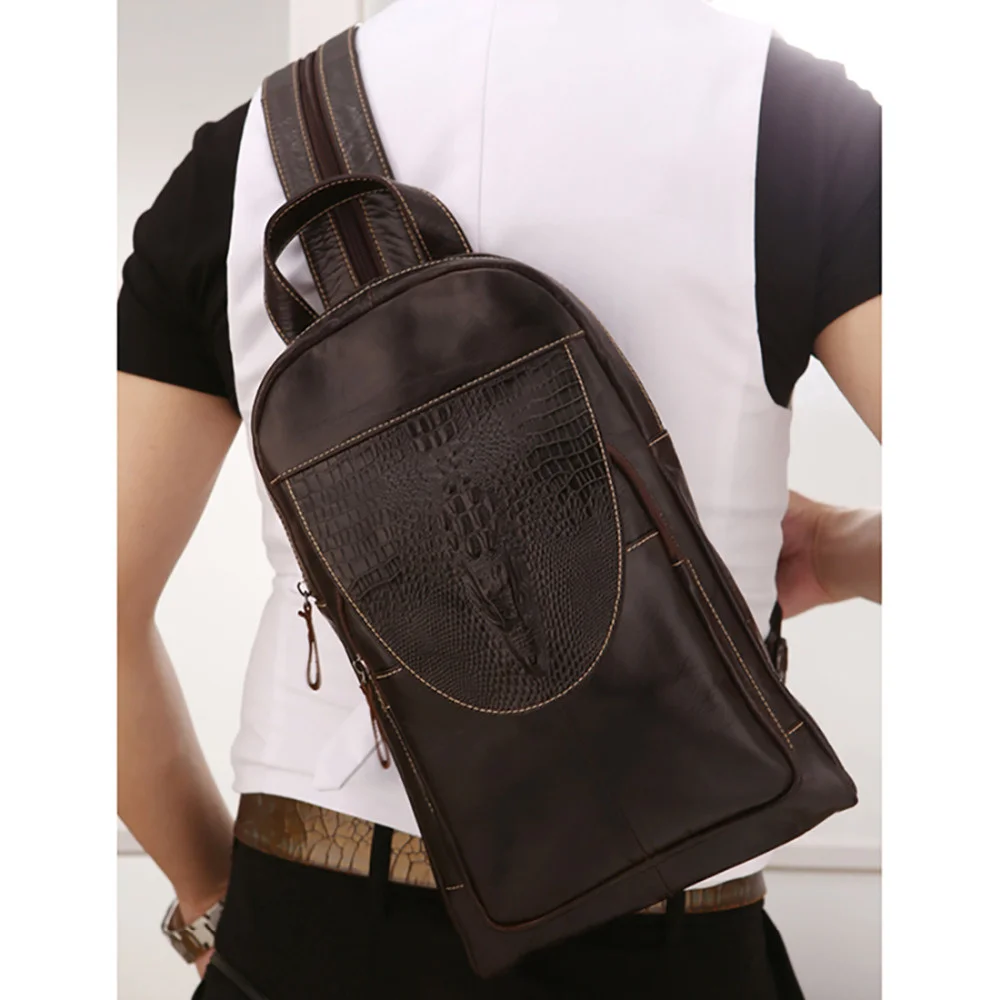 

Men Genuine Leather Crossbody Chest Day Pack Vintage Sling Shoulder Messenger Travel Bag Crocodile Pattern Design Male Backpack