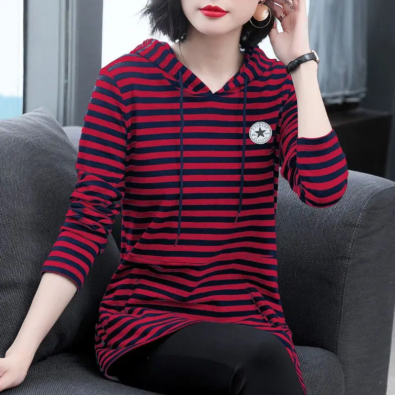 Women's Autumn Winter New Long Sleeve Sweatshirts Hooded Round Neck Pullovers Casual Medium Length Fashion Loose Striped Tops