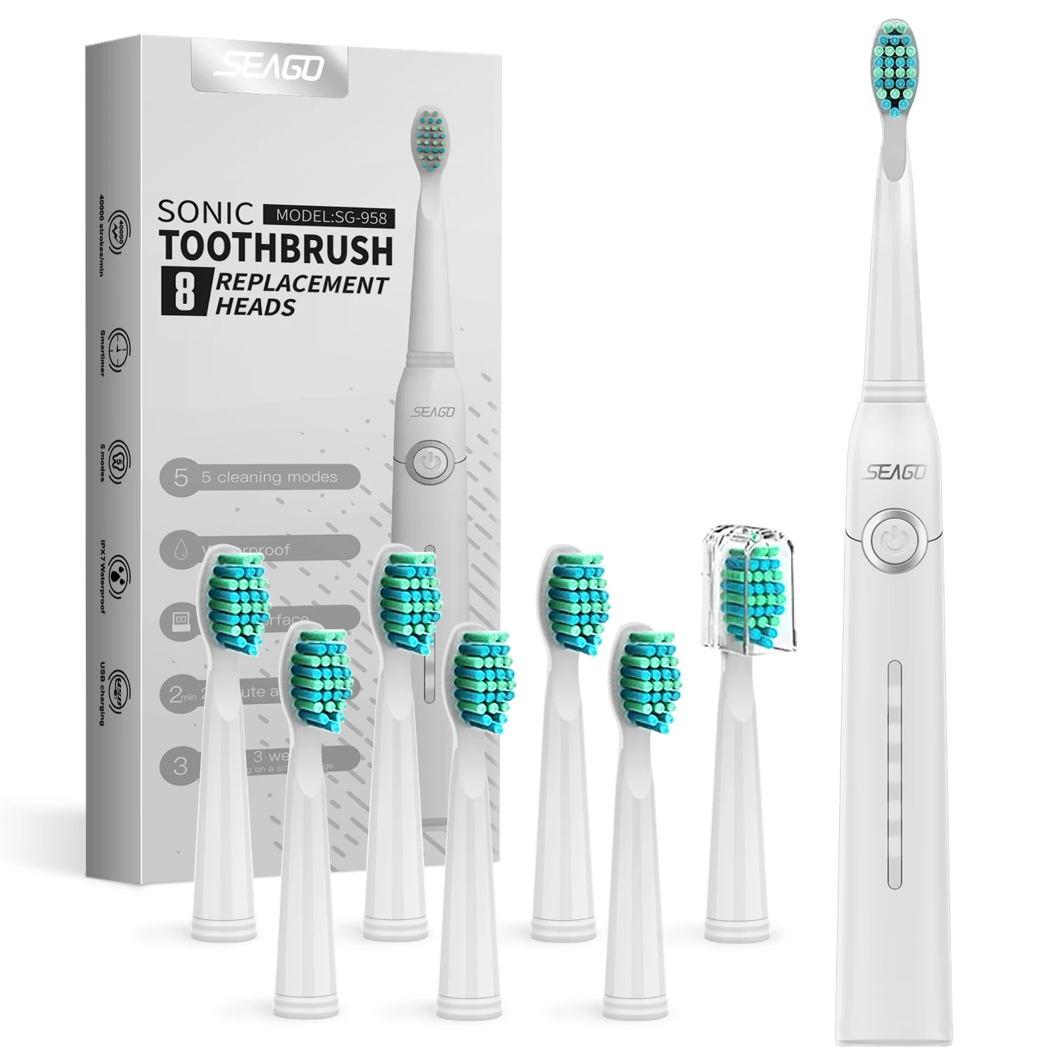 SEAGO Electric Toothbrush for Adults, with 8 Brush Heads and 5 Modes, Rechargeable Sonic Toothbrush One Charge for 30 Days