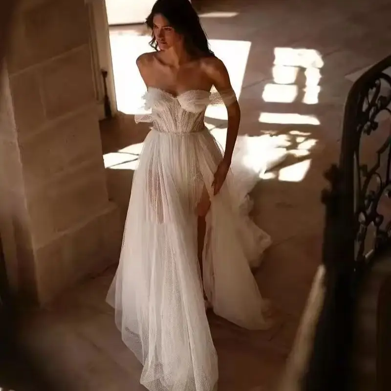 Soft Tulle Boho Wedding Dresses Off The Shoulder Lace Up Slit Women Party Wedding Gowns Bridal Dress Customized