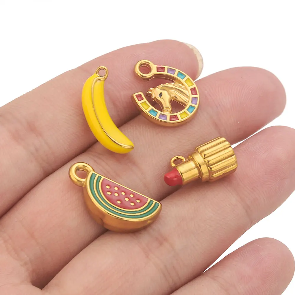 4pcs Stainless Steel Enamel Charm Fruit Banana Watermelon Shape DIY Necklace Bracelet Earrings Jewelry Making Material Wholesale image 4