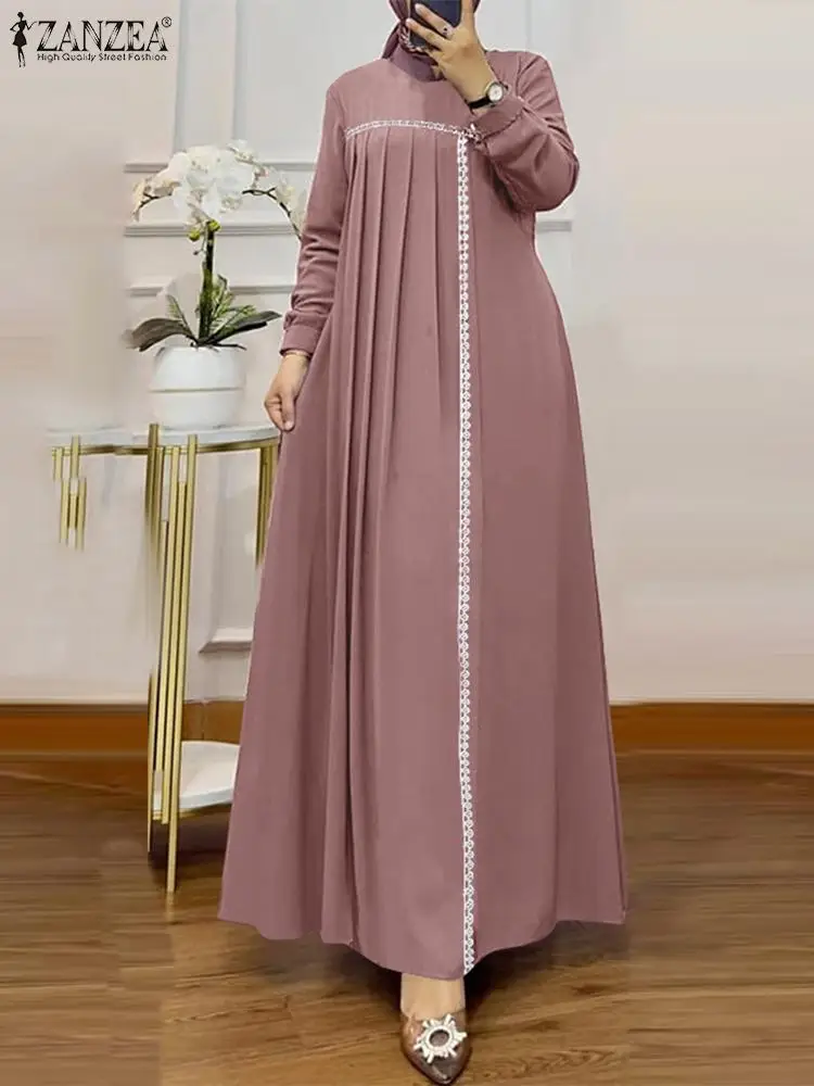 ZANZEA-maxivestido plisado de manga larga para mujer, Vestido musulmán de retazos de encaje Vintage, informal, Abaya de Dubái, moda de otoño