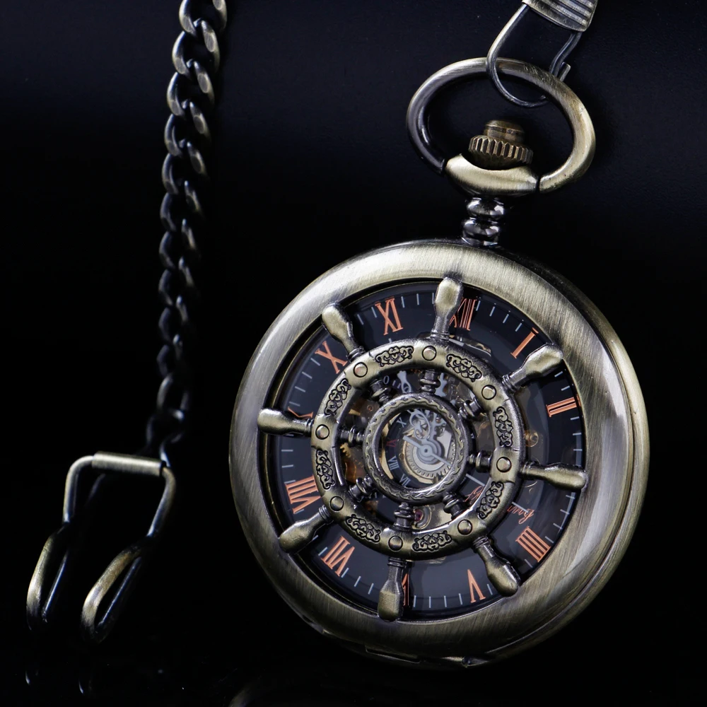 

Бронзовые винтажные механические карманные часы с ручным управлением - циферблат с полым черепом и золотыми римскими цифрами, антикварные часы с подвеской