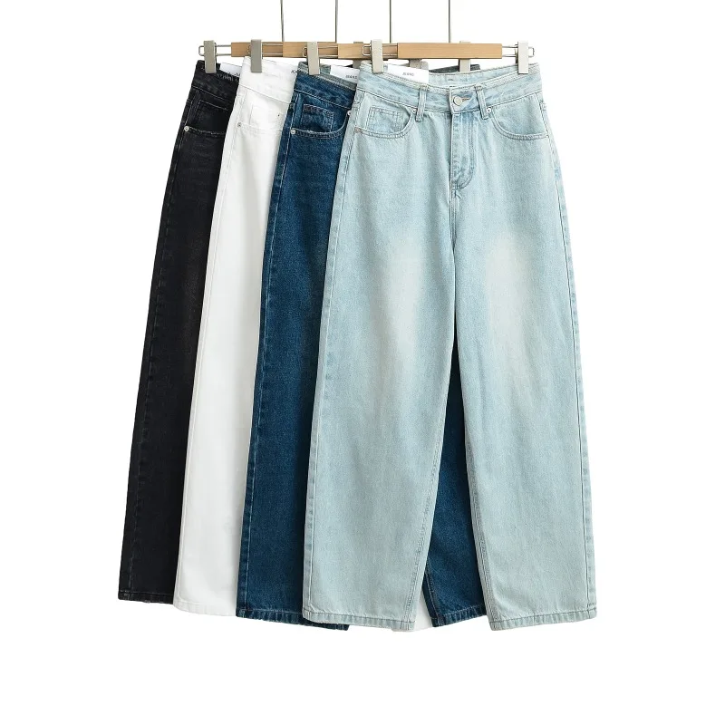 2025 wiosenne jeansy damskie wysokiej talii szerokie nogawki Vintage Wash spodnie dżinsowe w trudnej sytuacji podłoga wypasanie Casual Street Style