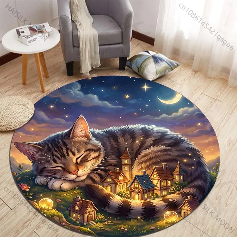 Dreamy cat guarding fairy town Printed round carpet living room sofa table carpet large pet mat soft round carpet home decor