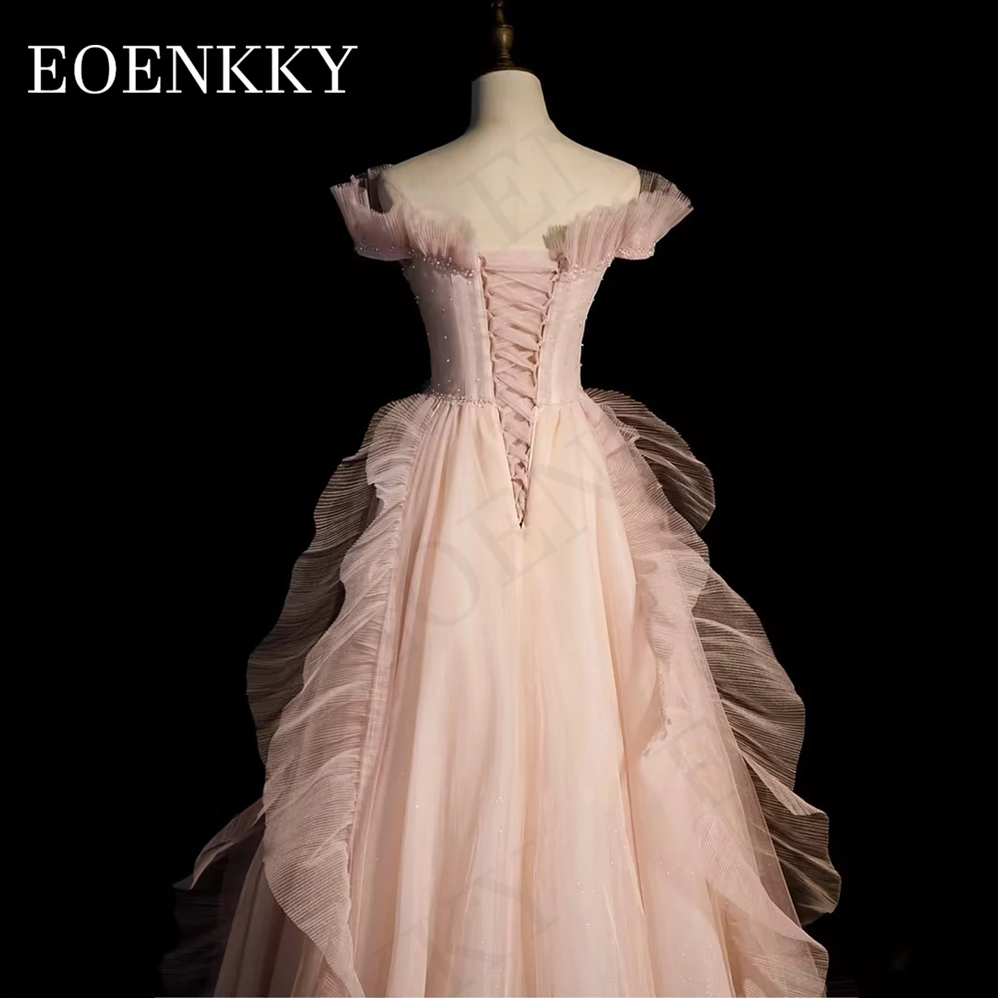 Robe de Rhen tulle à volants scintillants pour femmes, robe perlée, robe de graduation A-Line, élégante, rose, 2024 Robe de bal de fin d'année en tulle à volants pailletés  Robe de fin d'études élégante à épaules dénud