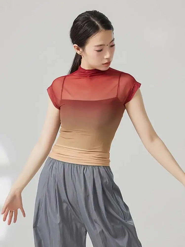 Manga curta gradiente malha dança topo gola alta ver através blusa para mulheres jazz contemporâneo palco prática roupas