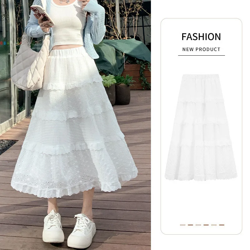 Jupes mi-longues décontractées en dentelle blanche pour femmes, taille haute, ligne A, longues, élégantes, minces, vêtements féminins, style preppy