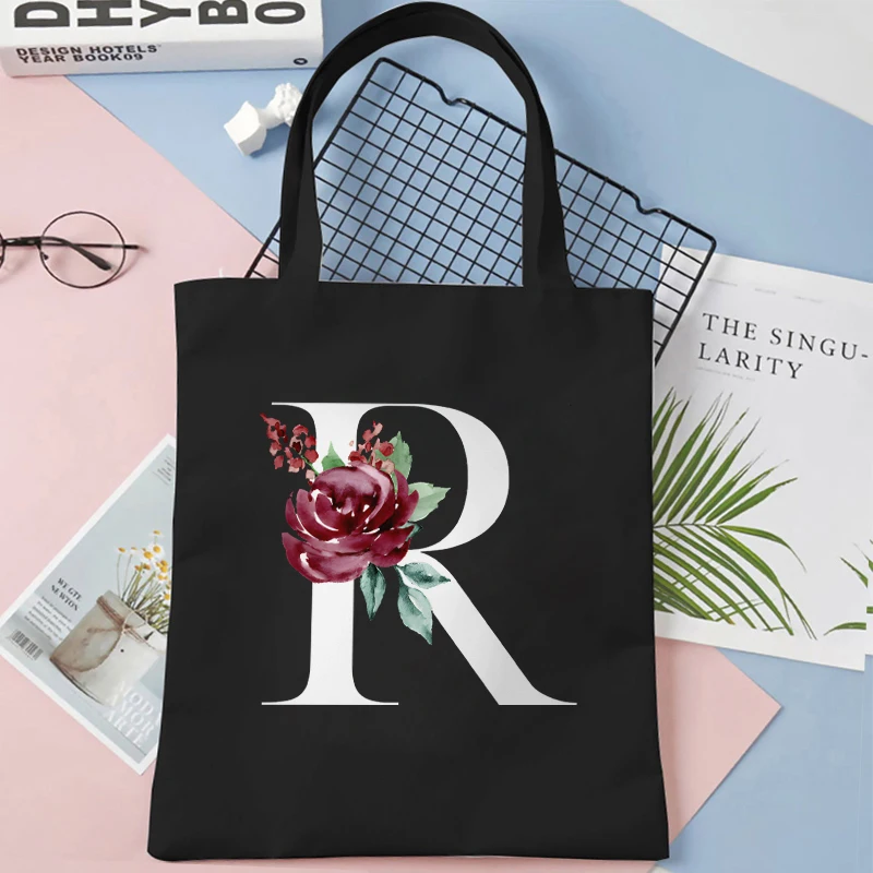 Canvas Bag for Women Rose 26 Alphabet A-Z Shopper Aesthetics Handbag Storage Reusable Black Shoulder Bag Floral Letter Tote Bag