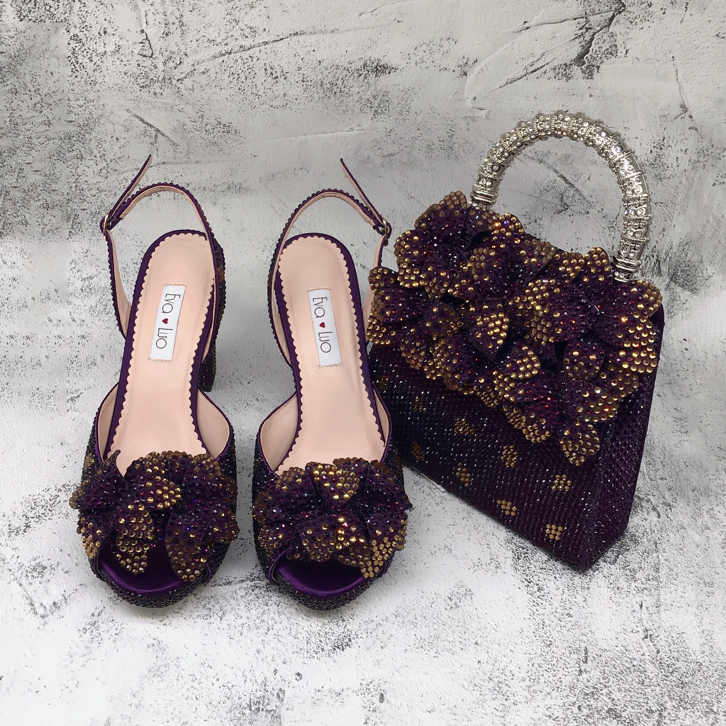 BS1735 Luxury Shinning Custom Made Purple Gold Rhinestone Flower African Italian Shoes And Bag Set For Birthday Wedding Party