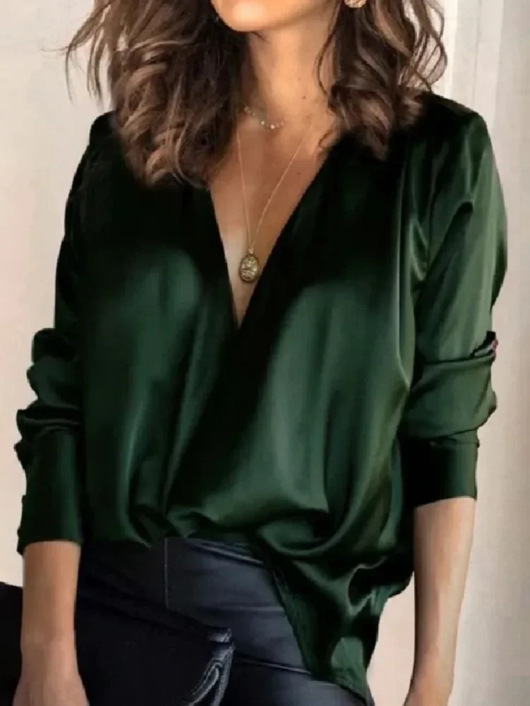 Yeezzi Women Vintage Elegant Ink Green V-Neck Blouse 2025 New Spring Summer Long Sleeves Solid Color Casual Office Shirt Tops