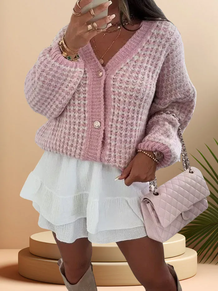 

Женский вязаный кардиган на осень-зиму с v-образным вырезом на пуговицах, свободный крой, милый повседневный стиль, мягкий текстурированный свитер на каждый день