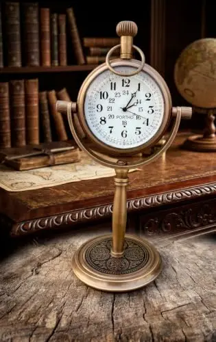Vintage Brass Table Clock 6 Inch | Antique Desktop Clock with Rotating Stand | Nautical Desk Clock | Retro Home Office