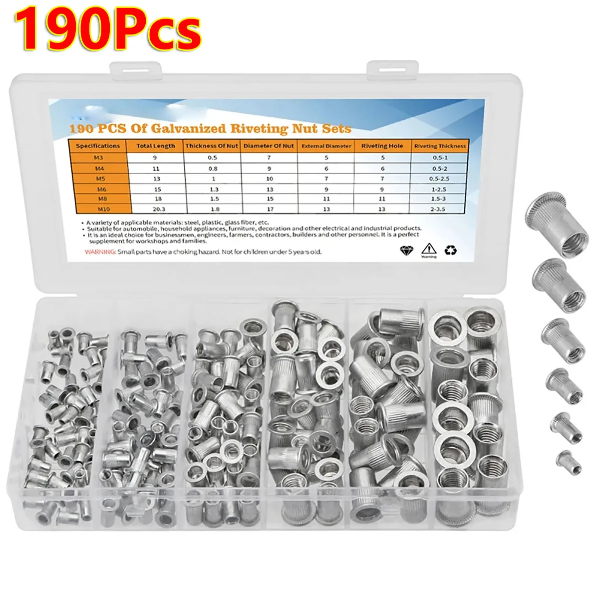 190Pcs Carbon Steel Aluminum Rivetnuts Blind Set Nutserts Threaded Insert Nutsert Cap Flat Head M3 M4 M5 M6 M8 M10 Rivet Nuts