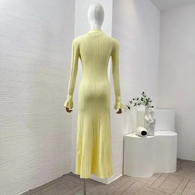 Women's Long Sleeve Midi Mermaid Dress Slim Fit Knitted Casual Sweet Office Lady Yellow Spring Summer New Top Quality 2024