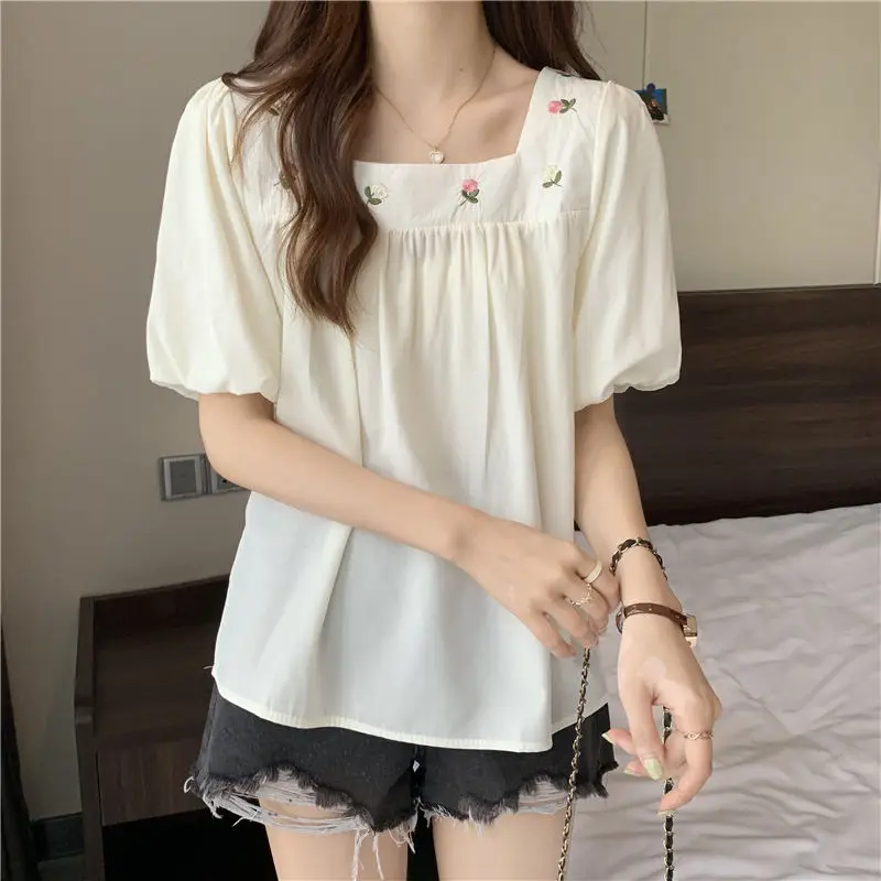 Women Stylish Vintage Embroidery Sweet Kawaii Blouses Square Collar Chic Short Sleeve Shirts Female Solid Loose Tops 2024 Summer