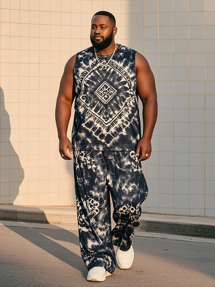 

Biggmans Plus Size Street Fashion Print Vest Trousers Suit Mens Casual Loose Summer Two Piece Set Oversized Male Pants Outfits