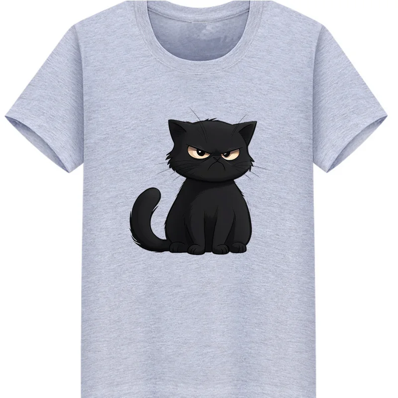 Cotton  100% Men's Angry Grumpy Black Cat Cartoon Print T‑Shirt Crew Neck Short Sleeve Casual Tees Fashion Comfortable Daily