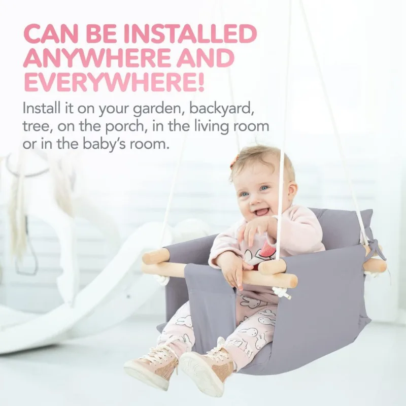 キャンバスベビーブランコ 木製ハンギングシート トープグレー 安全ベルト 取り付け金具 室内/屋外 キッズスイングチェア