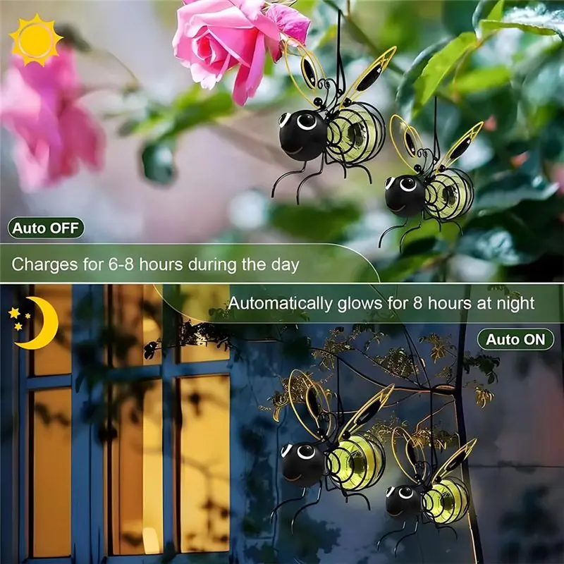 BAAG-Solar Bee Simulation Lights, Outdoor Hanging LED Bees Garden Decoration Lantern For Outside, Insect Bugs Night Light
