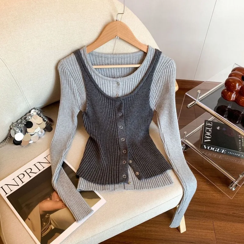 

Женская одежда, весенне-осенняя модная повседневная пуговица с цветными блоками, женские универсальные темпераментные топы с винтовой резьбой, искусственные топы из двух предметов