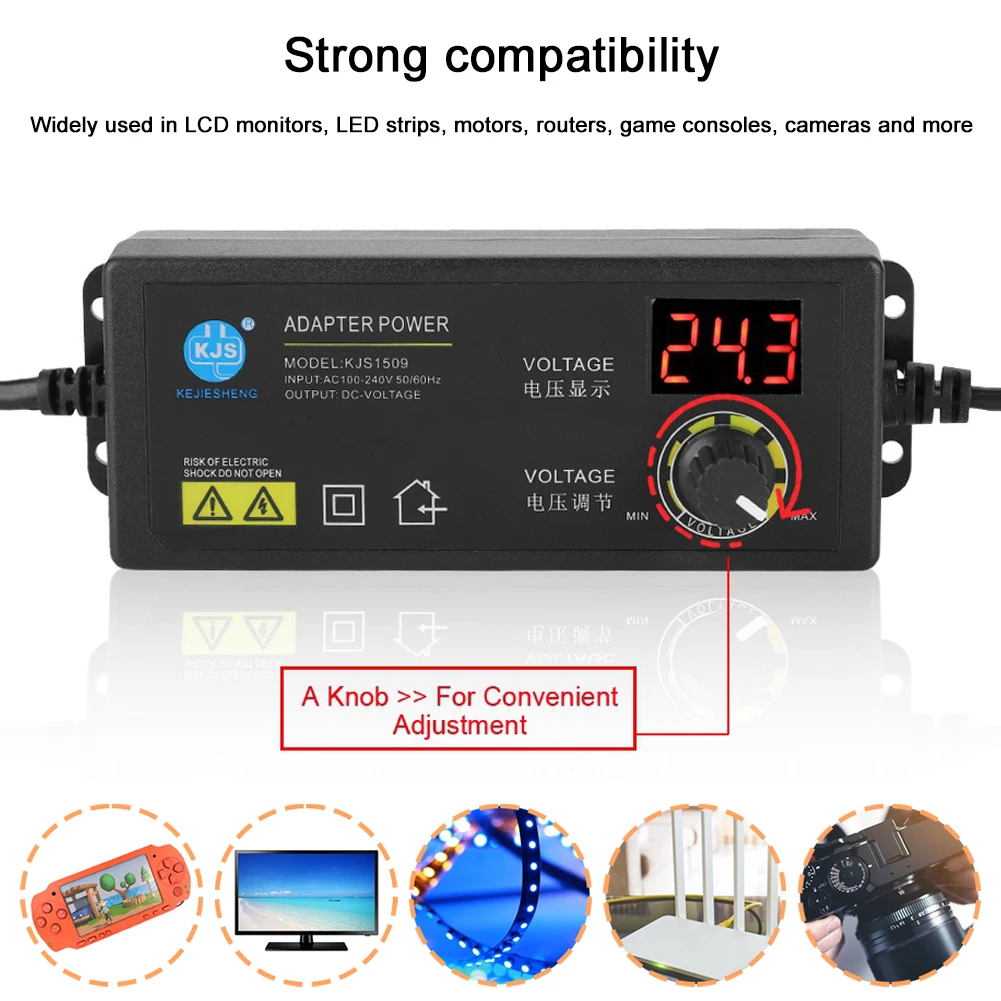 

AC 110-240V To DC 3-24V Adjustable Power Supply 5.5x2.5mm Plug Switching Power Converter LED Display 60W 2.5A