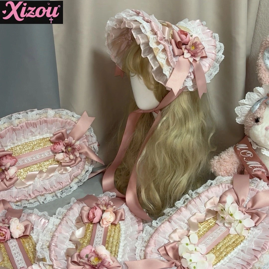 Japanese Original Lolita Handmade Bonnet Lace Hydrangea Bow Bnt Pastoral Lolita Hats Hanyang Eclectic Hair Accessories Headgear