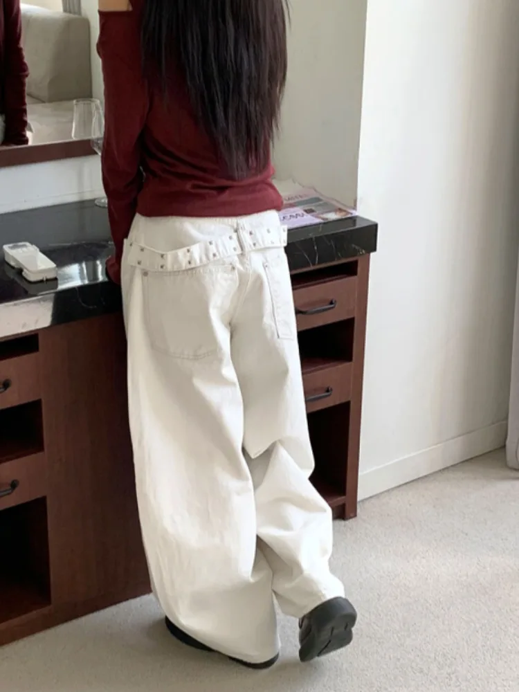 

Джинсы с заклепками в стиле ретро, женские свободные широкие прямые повседневные брюки, модные удобные весна-осень-зима