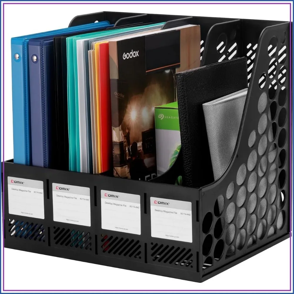 

Vertical Desktop File Organizer - 4 Compartment Plastic Holder for Files, Folders, Books - Black