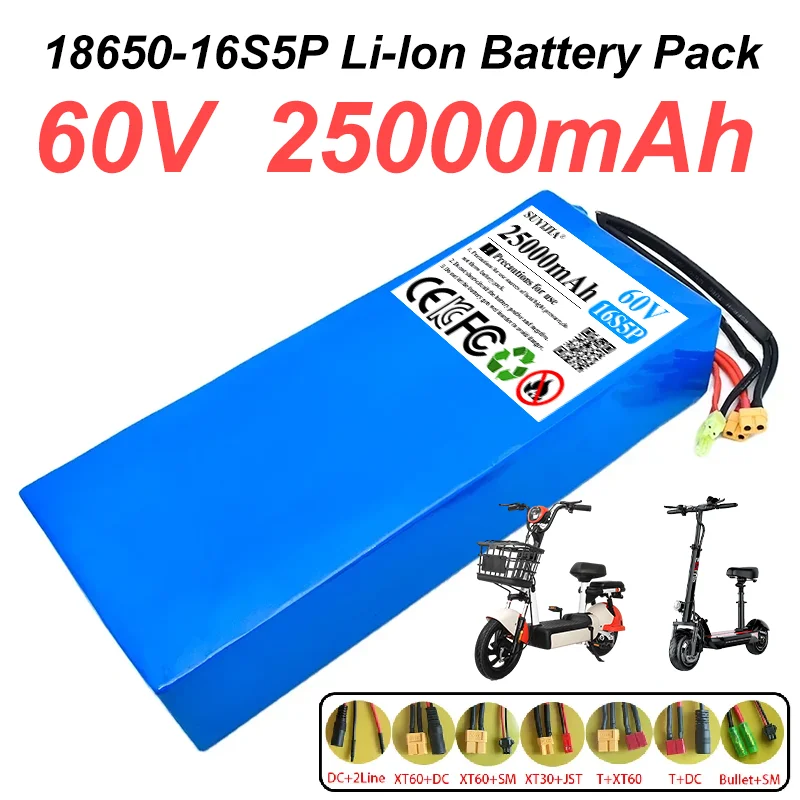 16S5P 60 V 25000 mAh Akku 18650 25AH Lithium-Akku für Motorrad, Roller, Fahrrad, 1000 W, 1200 W, 1500 W Motor mit BMS