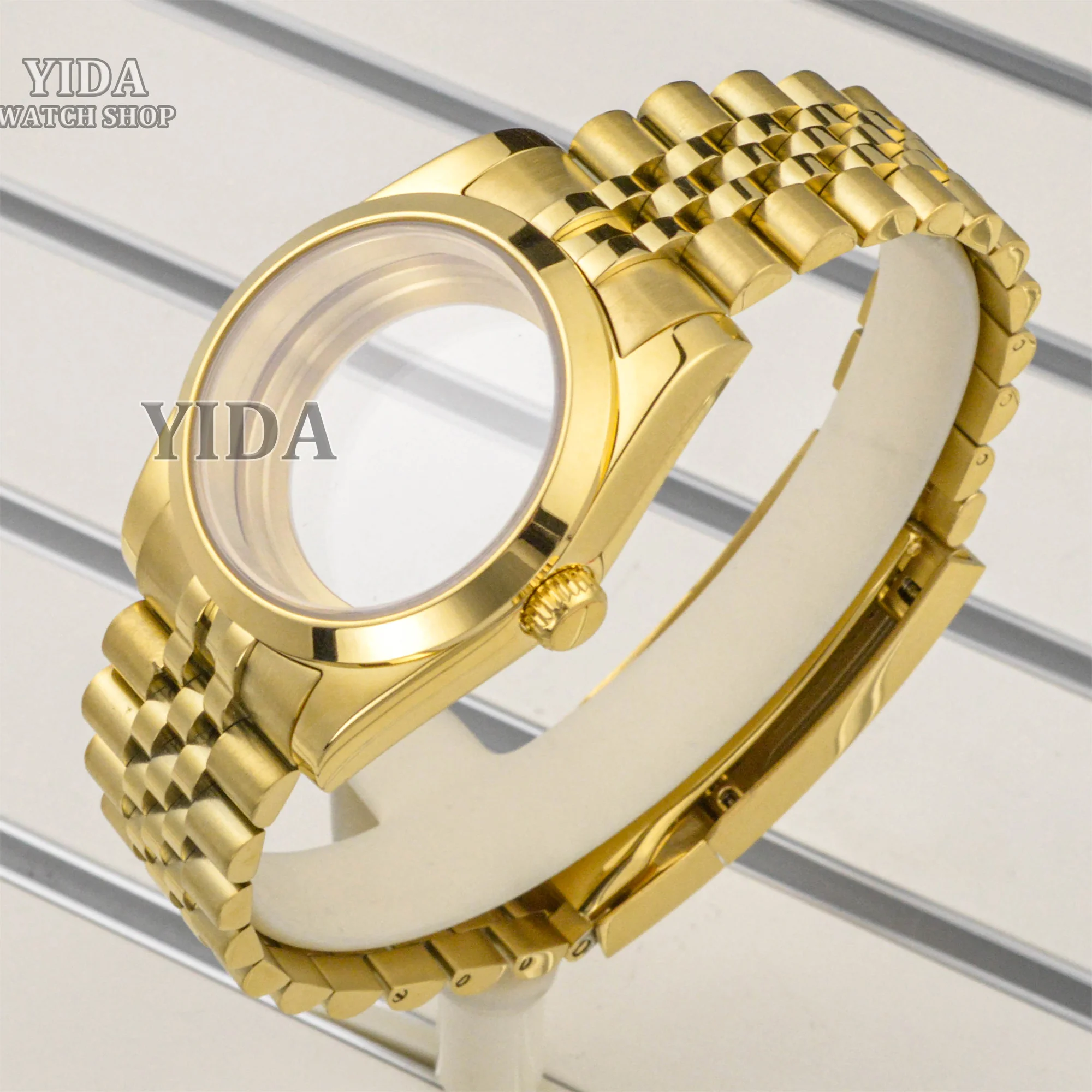 NH35 36/39 مللي متر أجزاء الساعة PVD الذهب حاوية من الفولاذ المقاوم للصدأ حزام 28.5 مللي متر الطلب ل اليوبيل قابل للتعديل NH36 حركة الياقوت الكريستال