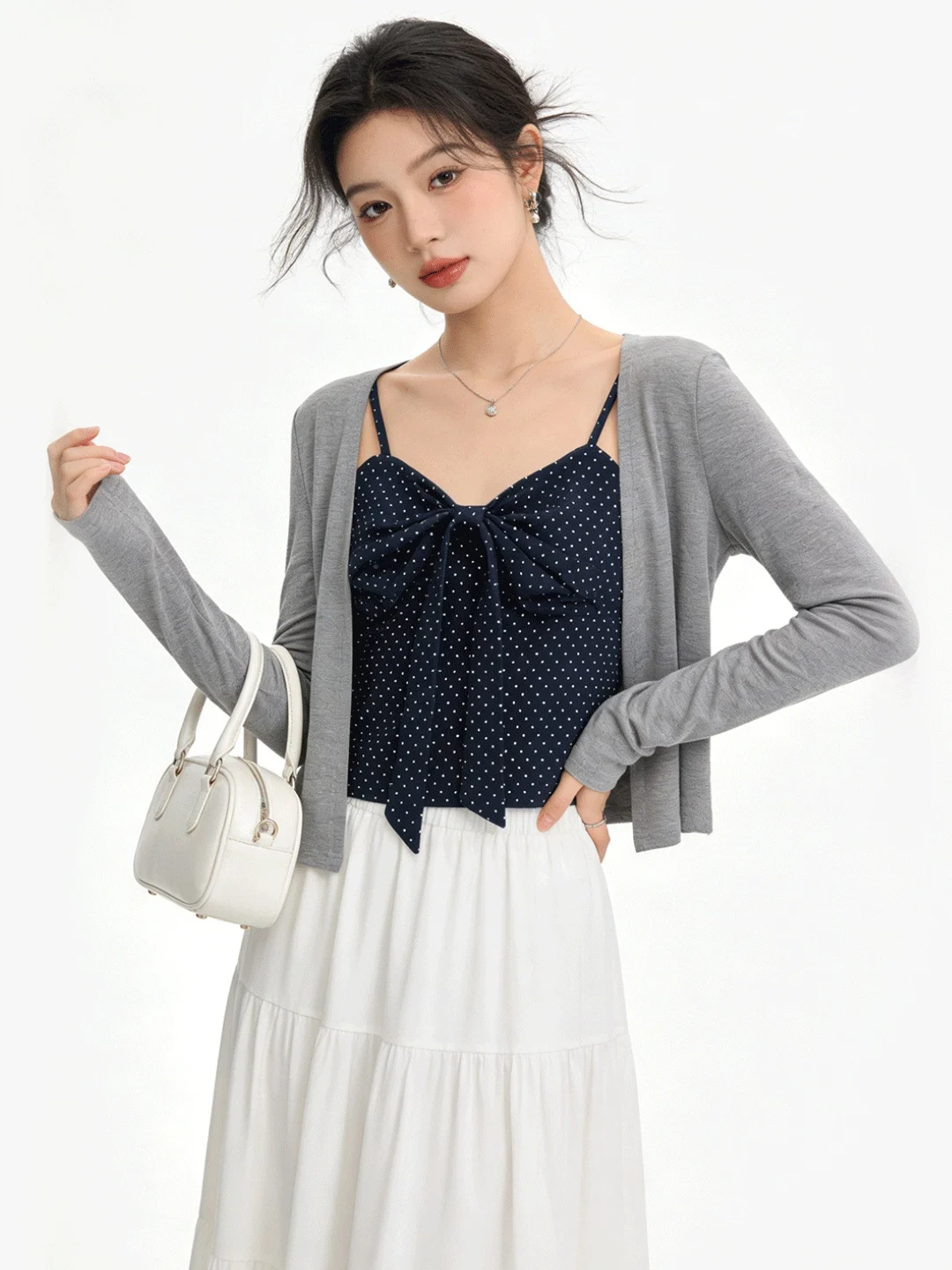 

Корейский вязаный кардиган и комплект из двух предметов с бретелями, женский, весна-осень, новинка, топ с узлом и в горошек, стройнящий силуэт