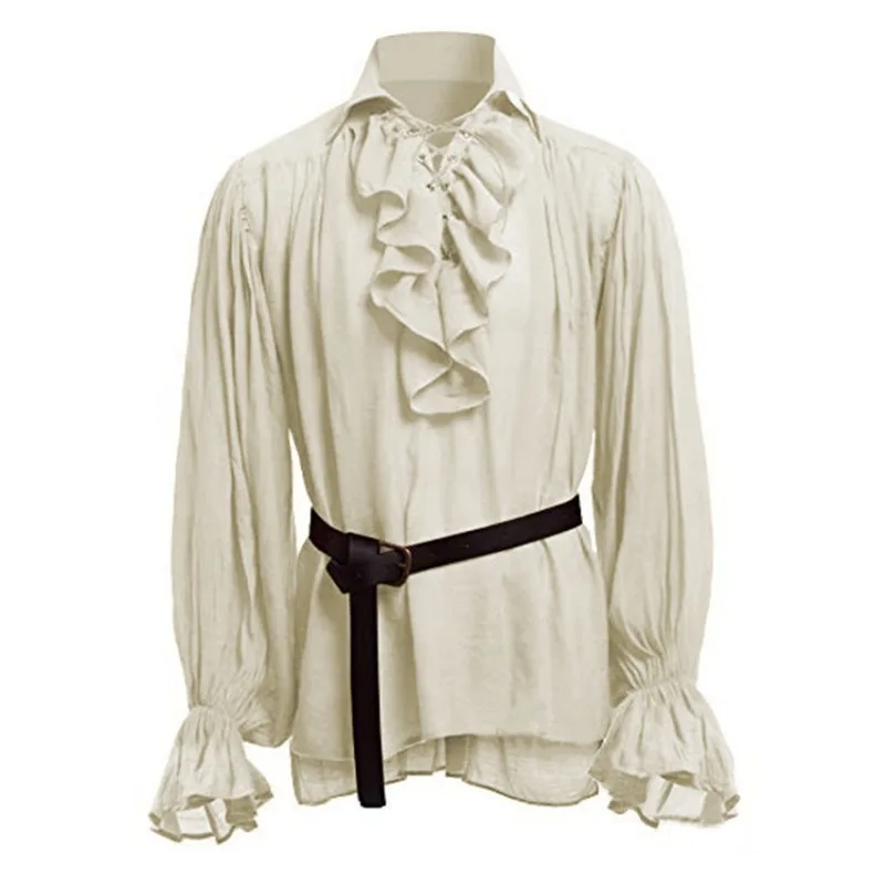 Men's Medieval Ruffled Pirate Shirt Vintage Renaissance Lace-Up Blouse with Belt Victorian Halloween Cosplay Costume Loose Top