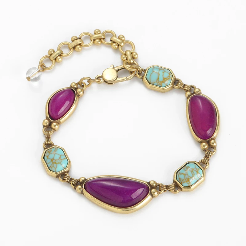 Vintage Charm Purple Agate Turquoise Bracelet Triangle For Women Natural Antique Gold Color Agate Accessories Gift 2025 New