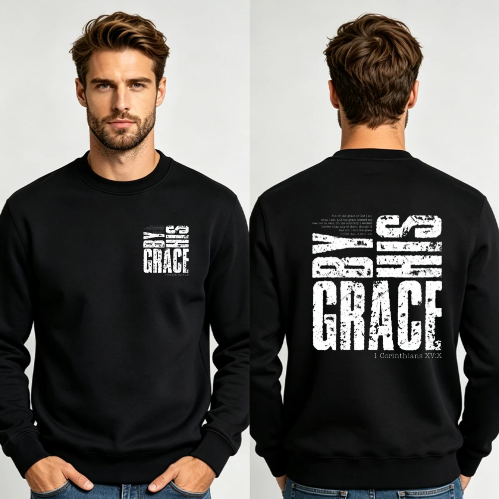Men Grace Vintage Letter Double Sided Crewneck Sweatshirt Christian Religious Faith Graphic Loose Long Sleeve Pullover Sweat Top