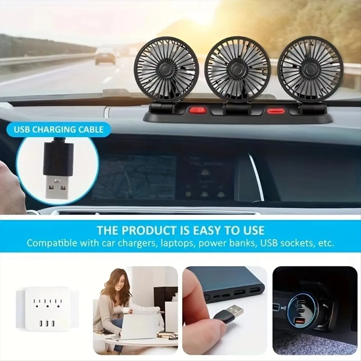 A40I Car Fan Three-Head USB 3-Speed Adjustable 360-Degree Rotation Suitable for Car Cooling Powerful Fan
