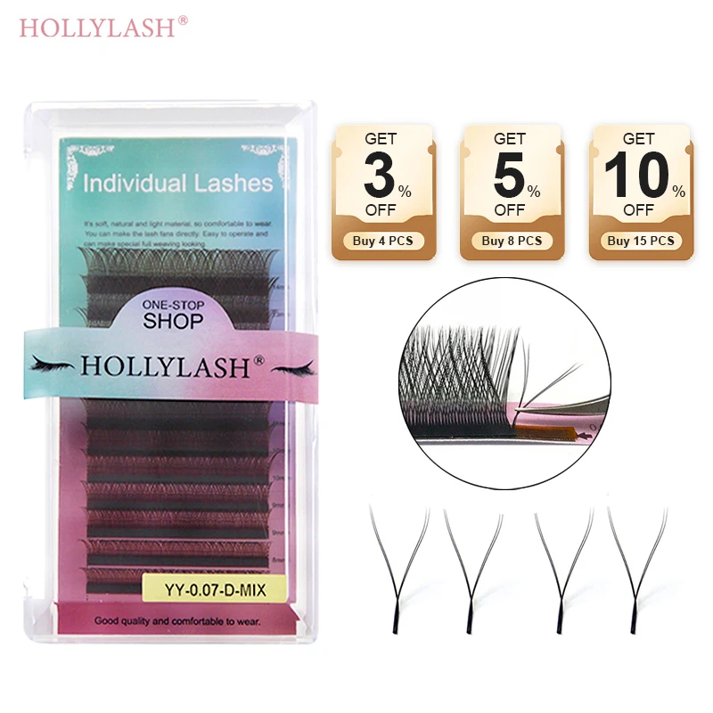 HOLLYLASH extensión de pestañas en forma de YY, 2 puntas, rizado C/D/CC/DD, tejido a mano, Natural, suave, brasileño, maquillaje, venta al por mayor