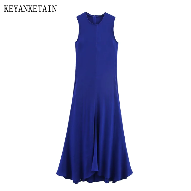 KEYANKETIAN 2025, Sommer Neue Damen Königsblau, ärmellos, MIDI-Kleid, Bürodame, einfacher Stil, Reißverschluss hinten, O-Ausschnitt, A-Linien-Kleider