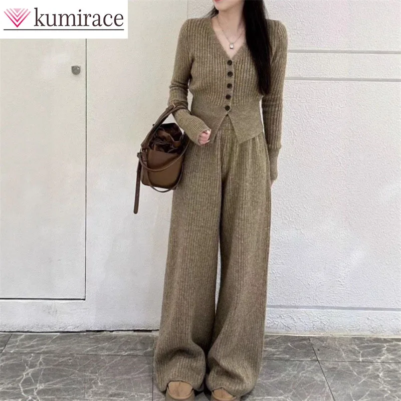 

2025 Autumn/winter Sweater Set Women's Two-piece Set V-neck Cardigan Slimming High Waisted Knitted Sweater+wide Leg Pants