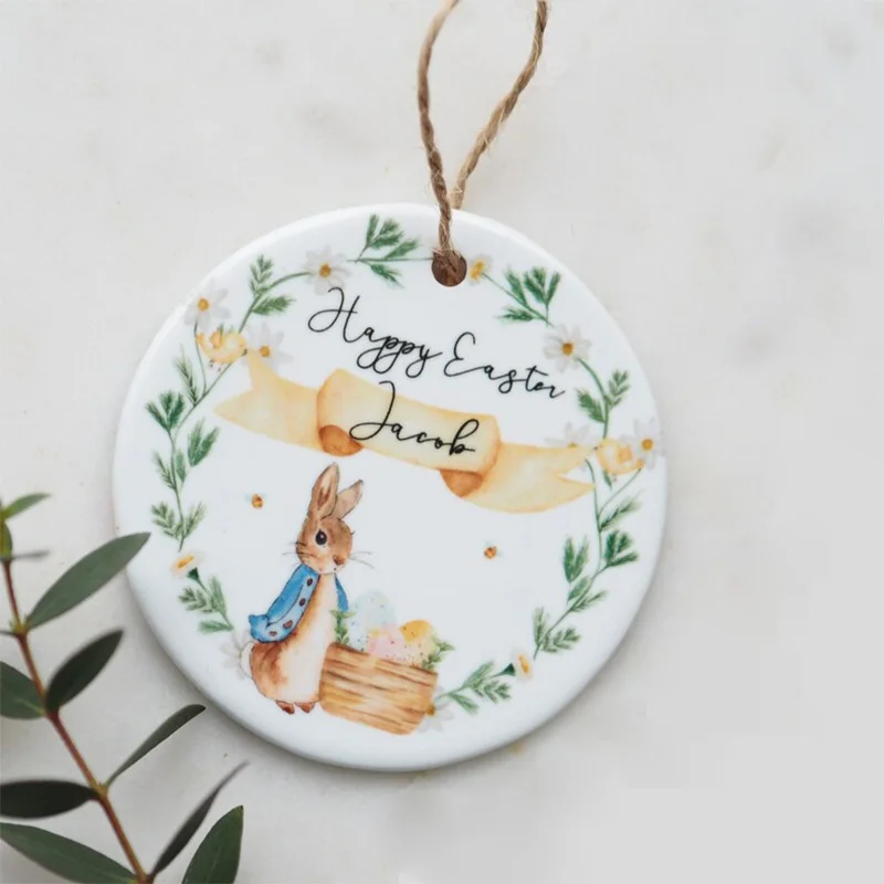 Personalised name Bunny rabbit happy Easter Ornament baby boy girl first 1st Easter Egg Hunt basket decoration sign gift bag tag