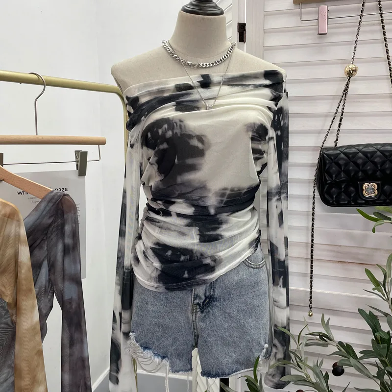 Y2K Womens One Shoulder T Shirt Tie Dye Pleated Summer Hot Girl Mesh Thin Slimming Irregular Top