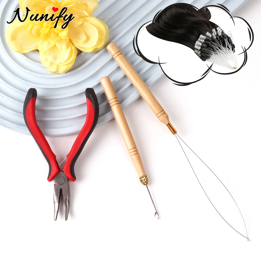 

1Pcs Hair Extensions Pliers 100Pcs Silicone Beads Pulling Hook Needle Micro Beads Micro Rings Tube Top Hair Extension Tools