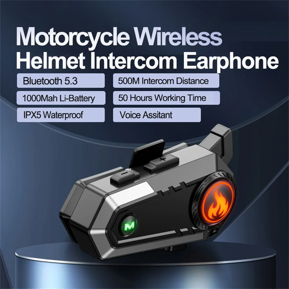 

500m Motorcycle Intercom Helmet Headset 1000mah V5.3 Bluetooth Wireless Interphone Waterproof Intercomunicador Speaker Earphone